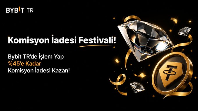 The image shows a post that features an advertisement for a gem, specifically a diamond with a golden hue surrounded by gold confetti or streamers. The background of the picture has black text displayed which reads "Komisyon İadesi Festivali başladı! Yüzde 45'e kadar işlem ücreti iadesi". This post is related to a cryptocurrency promotional event, likely promoting a new digital currency. The caption on the image emphasizes that the gem and its golden confetti are associated with the upcoming festival or promotion for this cryptocurrency.