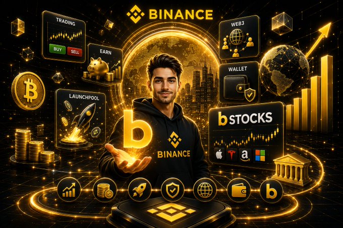 A promotional graphic featuring a man in a black hoodie holding a glowing Bitcoin symbol, surrounded by floating icons labeled 'TRADING,' 'BUY/SELL,' 'EARN,' 'LAUNCHPOOL,' 'WEB3,' 'WALLET,' and 'bSTOCKS' with logos for Apple, Tesla, and Amazon, under the 'BINANCE' logo.