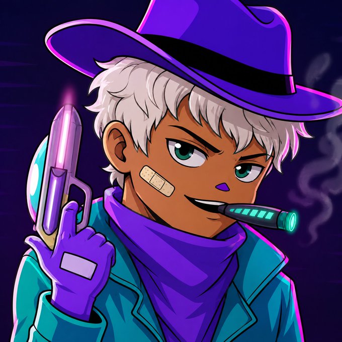 An anime-style character with white hair and a purple hat holds a glowing purple pistol and a teal futuristic device, smoking a cigar.