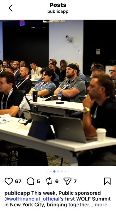 A screenshot of an Instagram post by publicapp showing attendees at the first WOLF Summit in New York City, sponsored by @wolffinancial_official, with 67 likes and 5 comments visible.