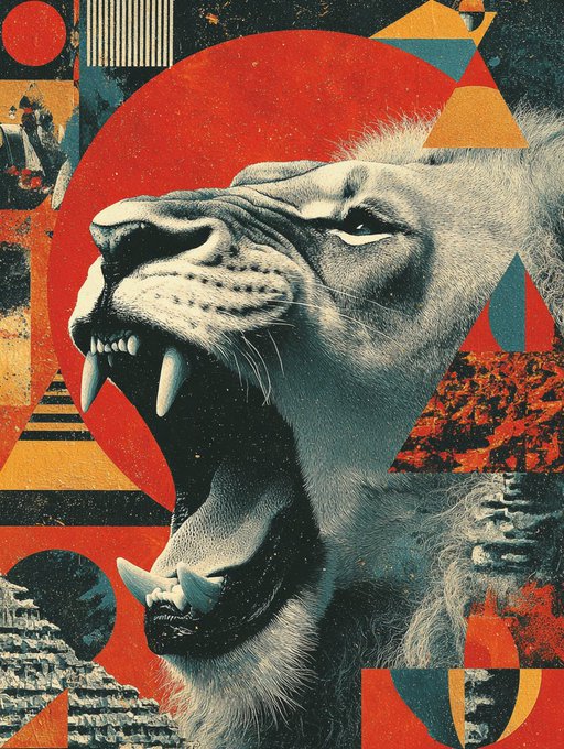 A roaring big cat with prominent fangs is depicted in a collage-style artwork featuring red, orange, and blue geometric shapes against a textured background, fittingly illustrating the title "LION" from an animal-themed NFT collection.