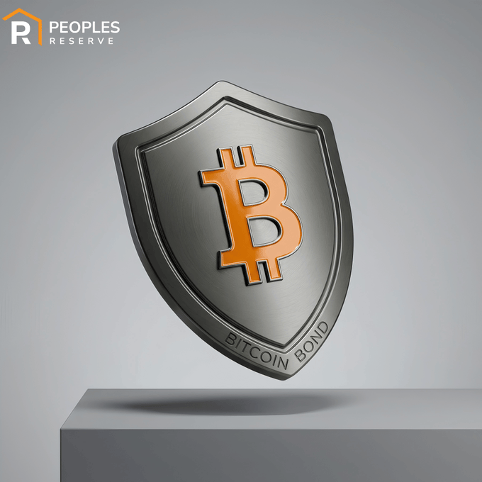 A 3D-rendered silver shield featuring an orange Bitcoin symbol hovers above a pedestal, inscribed with 'BITCOIN BOND' and branded with the 'PEOPLES RESERVE' logo in the top-left corner.