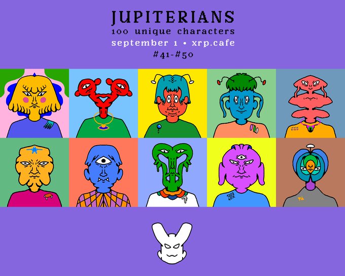 A digital art piece titled 'JUPITERIANS' showcasing 100 unique characters, displaying characters #41-#50 as colorful, surreal portraits with varying facial features and a small white rabbit icon at the bottom.