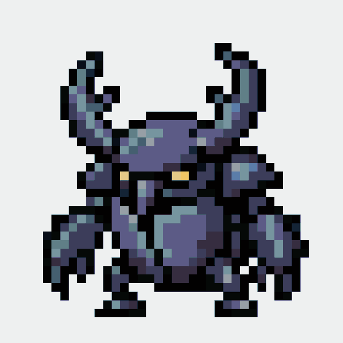 A pixel art sprite of a horned, armored villain or monster character rendered in shades of purple, blue, and black with glowing yellow eyes.