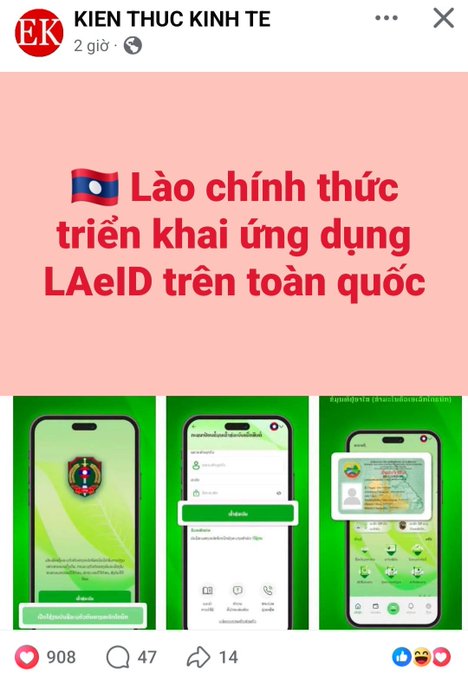 A Vietnamese news post from 'Kiến Thức Kinh Tế' about Laos officially launching the LAeID application nationwide, showing screenshots of the LAeID digital ID app interface with 908 likes and 14 shares.