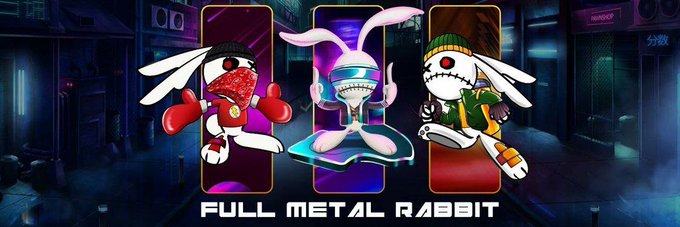 Three cartoon rabbit characters are displayed in a futuristic urban setting with the title 'FULL METAL RABBIT' prominently shown at the bottom.
