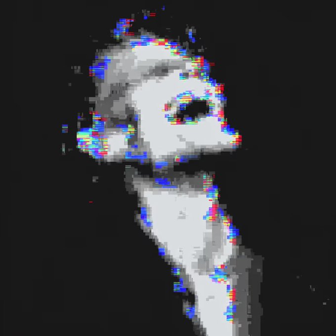 A glitch art-style digital image of a white cartoon character, possibly a fox or dog, with red, green, and blue chromatic aberration effects against a black background.