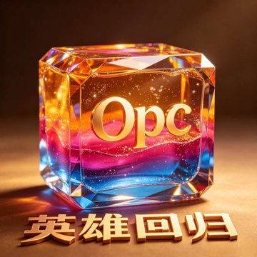 A colorful, illuminated cube displays the gold text 'Opc' with Chinese characters '英雄回归' (Hero's Return) displayed below it on a wooden surface.