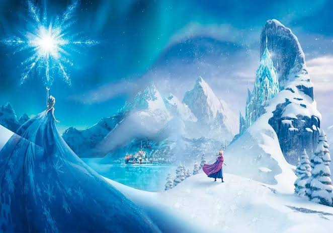 A fantasy illustration depicting a snowy landscape with an ice castle, where a woman in a purple cape looks across a frozen lake at a snowy figure holding up a glowing snowflake that illuminates the northern lights above.