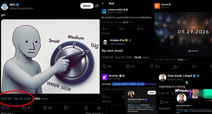 A social media interface displaying a meme of a figure adjusting a 'Week size' dial, alongside other crypto posts from Coinbase Wallet, Kraken Pro, MoonPay, and Dom Kwok @dom_kwok.