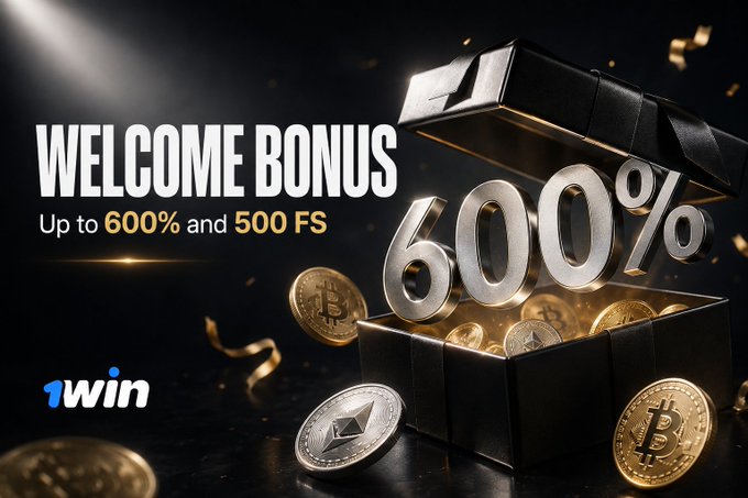 A promotional advertisement for 1win casino featuring a treasure chest spilling gold and cryptocurrency coins, offering a "WELCOME BONUS Up to 600% and 500 FS".