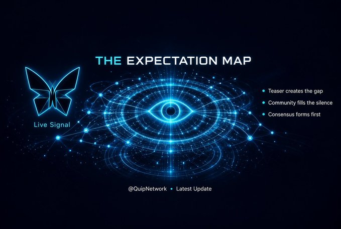 A futuristic digital graphic titled "THE EXPECTATION MAP" featuring a glowing blue butterfly labeled "Live Signal" and a central eye surrounded by concentric energy rings, with bullet points reading "Teaser creates the gap," "Community fills the silence," and "Consensus forms first," credited to @QuipNetwork. The visual metaphor of the all-seeing eye and radiating network connections illustrates how gQuip's sparse, single-emoji teasers deliberately create informational gaps that the @quipnetwork community rushes to fill, with the eye symbolizing the collective observation and consensus that emerges from that deliberate silence.