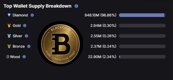 Top Wallet Supply Breakdown for "BLACKCOIN Pure Conviction Asset" showing Diamond tier at 948.10M (96.86%), Gold 2.94M, Silver 2.55M, Bronze 2.37M, and Wood 22.90M (2.34%).