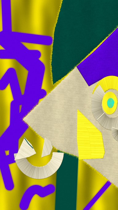 A digital abstract artwork featuring bold purple brushstrokes over a yellow fabric-like background, with a textured beige starburst shape, a yellow triangular element, and a circular yellow-and-green eye motif.