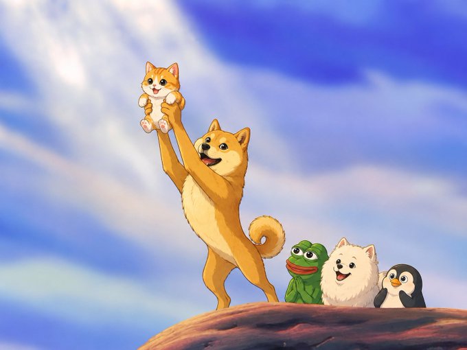 An animated illustration features a Shiba Inu dog standing on its hind legs holding up an orange cat, with a green frog, white dog, and penguin watching from a rock against a cloudy blue sky.