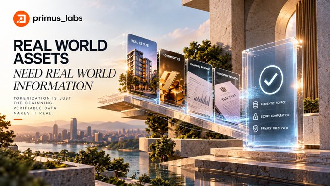 A Primus Labs promotional graphic reads “REAL WORLD ASSETS NEED REAL WORLD INFORMATION,” “TOKENIZATION IS JUST THE BEGINNING. VERIFIABLE DATA MAKES IT REAL,” and shows panels labeled “REAL ESTATE,” “COMMODITIES,” “FINANCIAL RECORDS,” and “MINTING RECORDS,” alongside “AUTHENTIC SOURCE,” “SECURE COMPUTATION,” and “PRIVACY PRESERVED.”