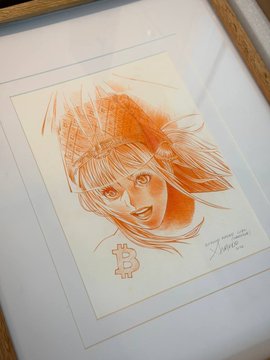 An orange-toned framed illustration depicting a young woman with a Bitcoin symbol drawn below her portrait.