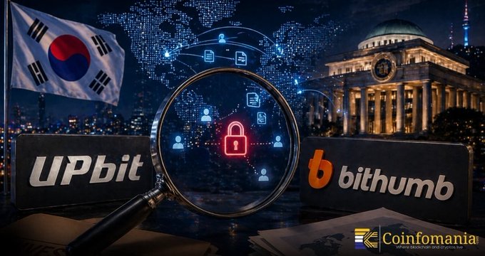 A promotional graphic for Coinfomania featuring South Korean cryptocurrency exchanges UPbit and Bithumb with a magnifying glass showing lock icons over a South Korean flag and government building.
