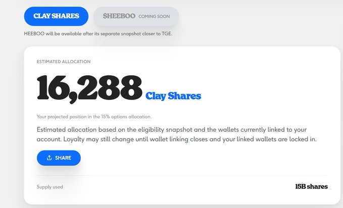 A webpage showing an estimated allocation of 16,288 'Clay Shares' for HEEBOO, with tabs for 'CLAY SHARES' and 'SHEEBOO COMING SOON'.