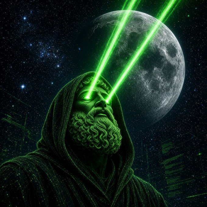 A hooded, bearded figure emits green laser beams from his eyes against a backdrop of a large moon and starry sky.