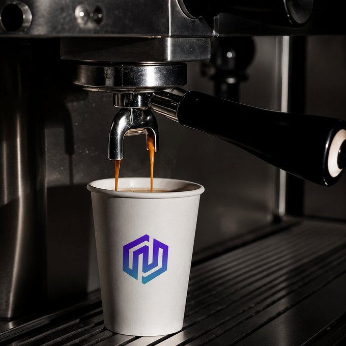 A paper cup with a purple and blue hexagonal "W" logo catches fresh espresso as it pours from a portafilter into the cup. The image ties into the "brewing something big" message by visually capturing the early stages of a coffee extraction—an apt metaphor for a project that's just beginning to take shape.