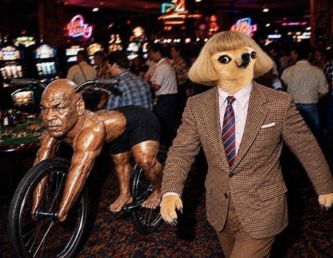 A surreal, comedic image set in a casino featuring a man contorted in a crawling position on a bicycle frame alongside a figure wearing a dog head mask and a plaid suit.