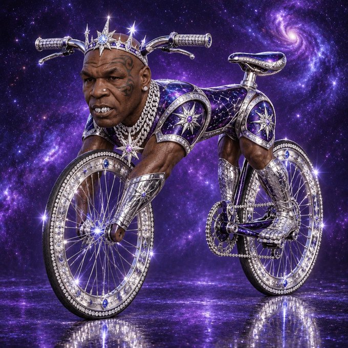 A surreal digital artwork showing Mike Tyson's head on a muscular body riding a jewel-encrusted bicycle against a purple cosmic galaxy background, wearing a star crown and silver chain necklaces.