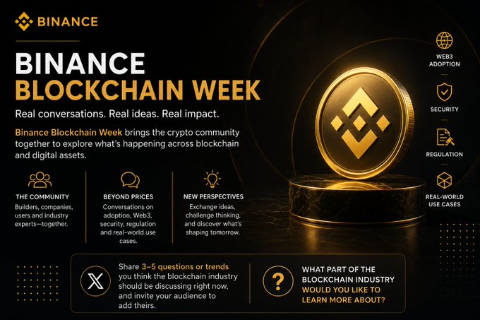 A promotional banner for **Binance Blockchain Week** featuring the Binance logo and golden coin on a black background, highlighting themes like "Beyond Prices," "The Community," "New Perspectives," "Web3 Adoption," "Security," "Regulation," and "Real-World Use Cases," alongside prompts for audience questions on X. The image aligns with the post's message by emphasizing the event's focus on meaningful discussions beyond price charts, bringing together builders, users, and industry experts to explore blockchain's broader impact.