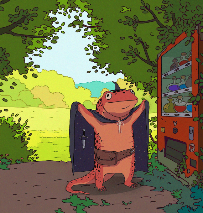 The image features a cartoon frog with a cape, standing next to an orange vending machine filled with various items such as bottles of beer and soda cans. The frog has a sword strapped to its back and appears to be in a swampy area surrounded by trees. The caption for this image is "Small cape. Big spell. One salamander, one scroll, one mission: PUMP. The swamp is waking up."
