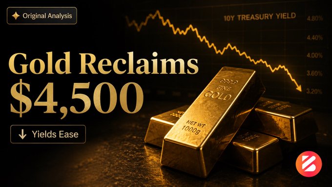 A financial news graphic titled 'Gold Reclaims $4,500' under 'Original Analysis' featuring gold bars, a '10Y Treasury Yield' chart trending downward to 3.20%, and a tag reading 'Yields Ease'.