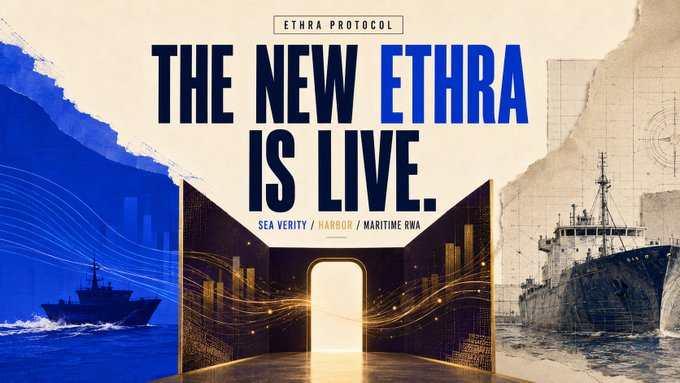 The promotional graphic announces "THE NEW ETHRA IS LIVE" with the Ethra Protocol logo, highlighting three maritime RWA assets: "SEA VERITY / HARBOR / MARITIME RWA." It features imagery of cargo ships and a tunnel-like corridor, visually reinforcing the post's message that Ethra ($SHIP) is bridging real, operating bulk carrier vessels (over 97,000 DWT across three Handysize ships since 2021) onto the blockchain rather than tokenizing speculative assets.