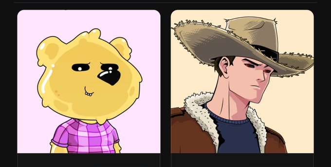 A side-by-side comparison of two cartoon-style avatars: on the left, a bear-like figure in a pink plaid shirt, and on the right, a cowboy character in a brown hat and shearling-lined jacket.