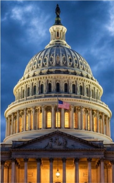 A photograph of the United States Capitol building dome with an American flag, illuminated against a deep blue sky.
