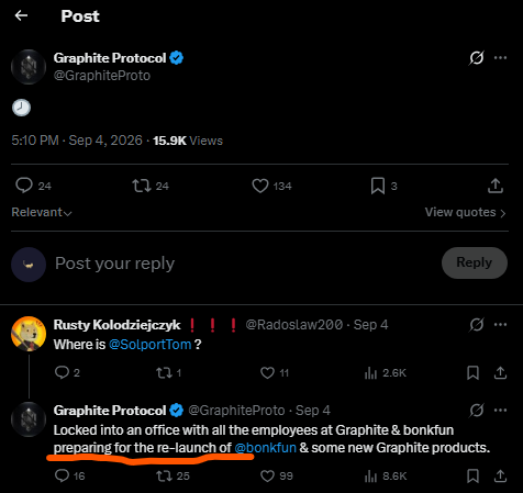 A screenshot of an X post from Graphite Protocol (@GraphiteProto) discussing a re-launch of @bonkfun, with a reply from @Radoslaw200 asking about @Solporttom.