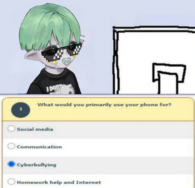 An anime-style character with green hair wearing pixel sunglasses next to a survey asking 'What would you primarily use your phone for?' with 'Cyberbullying' selected.