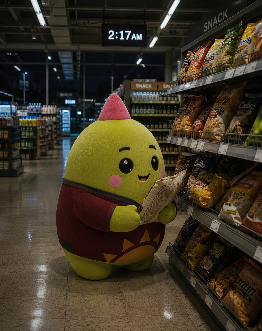 The image features a green stuffed animal character with a pink hat standing next to a shelf of snacks in a grocery store aisle. The character appears to be reading a book or magazine while surrounded by various snack items, such as chips and popcorn. This scene is related to the post because it highlights how @sleepagotchi's wellness data is being applied to real-life situations like shopping for groceries, where users can track their food choices and make healthier decisions based on the information provided by the app.
