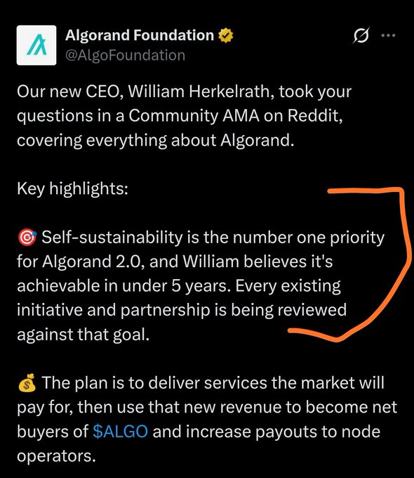 A tweet from the Algorand Foundation (@AlgoFoundation) about new CEO William Herkelrath's Community AMA on Reddit, highlighting self-sustainability for Algorand 2.0 in under 5 years and plans to deliver paid services to fund $ALGO repurchases and node operator payouts.
