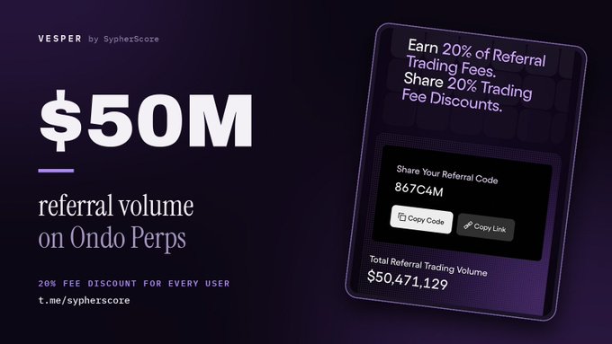 Promotional graphic for VESPER by SypherScore showing $50M referral volume on Ondo Perps, featuring a referral code '867C4M' and total referral trading volume of $50,471,129, with 20% fee discounts.
