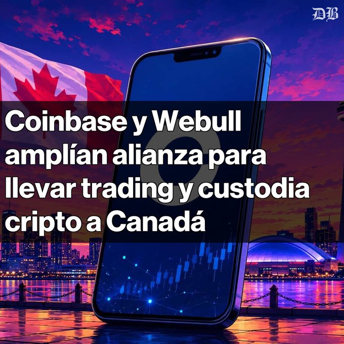 A promotional graphic featuring a smartphone displaying crypto trading charts with the Spanish text 'Coinbase y Webull amplían alianza para llevar trading y custodia cripto a Canadá', set against a backdrop of the Canadian flag and a city skyline.
