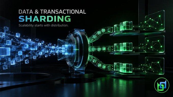 A digital graphic with the text 'DATA & TRANSACTIONAL SHARDING' and 'Scalability starts with distribution,' featuring a glowing central node splitting into blue and green data streams.