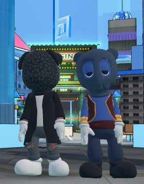 Two anthropomorphic beaked characters—one black with a beanie and jacket, the other blue with an orange vest—stand together in a colorful cartoon cityscape featuring a "Casino" sign, visually promoting the customizable "AKCB" avatar upload feature described in the post.