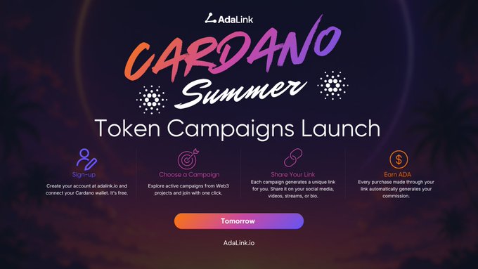 The image features a poster for Cardano Summer, which is an event where people can create campaigns using Cardano's blockchain technology. The poster includes a list of campaign ideas that users can choose from, along with a description of each idea. The poster also highlights the importance of storytelling in campaigns and encourages viewers to share their own campaign ideas on social media using the hashtag #Campaign Tomorrow.