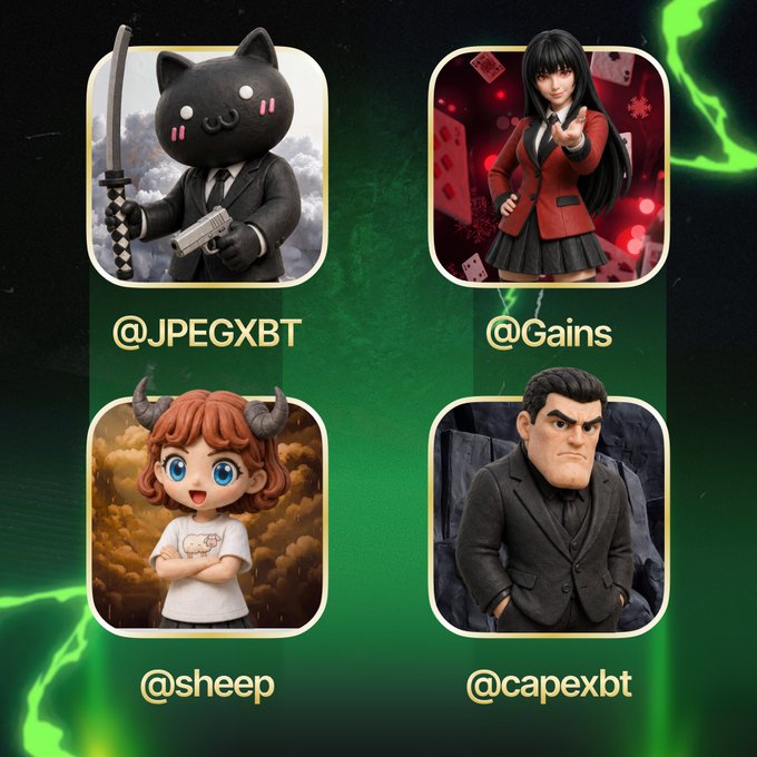 The image displays four character avatars with usernames: @JPEGXBT (a black cat in a suit holding a katana), @Gains (a dark-haired anime girl in a red school uniform), @sheep (a chibi character with horns), and @capexbt (a stern man in a black suit), all set against a green background with lightning effects, matching the post's introduction of these "legends" on the Pumpfun app.
