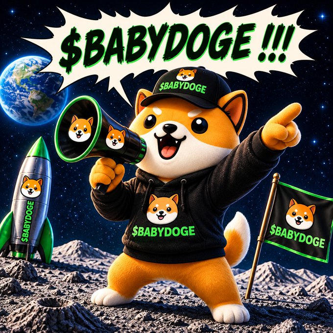 A vibrant meme-style illustration of a Shiba Inu mascot wearing a '$BABYDOGE' hoodie and cap, holding a megaphone on a lunar landscape with '$BABYDOGE !!!' in a speech bubble.