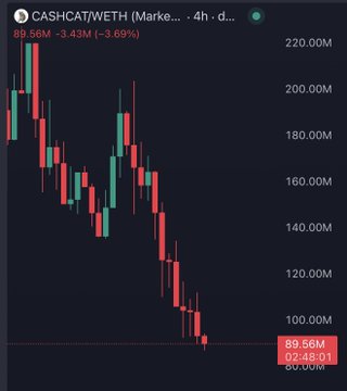 A 4-hour candlestick chart of CASHCAT/WETH on the market shows a steep downtrend, currently trading at 89.56M (-3.43%), declining from highs near 220M toward lows around 80M—visually supporting the post's "Bottom on my $Cashcat" claim as the price approaches a potential support level.