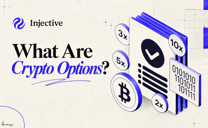 An Injective blog/infographic titled 'What Are Crypto Options?' featuring 3D illustrations of documents with Bitcoin symbols, multiplier tokens (2x, 3x, 5x, 10x), and binary code.