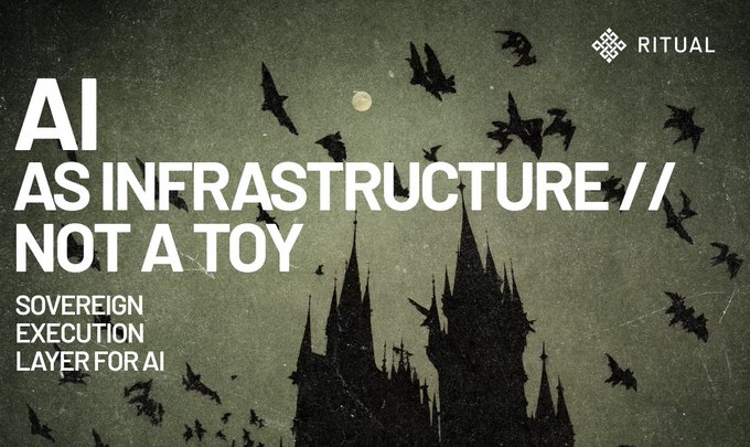 The image shows a poster with a castle and birds flying around it, accompanied by text that reads "AI as infrastructure/not a toy". The poster also includes a reference to the term "sovereign execution layer for AI" which suggests that the focus of this project is on creating an AI system that can be decentralized or self-executing.