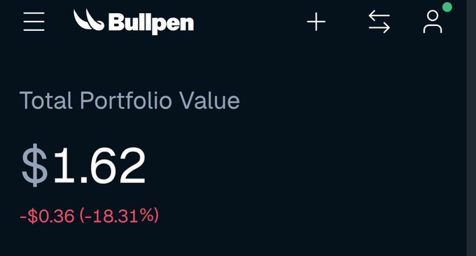 The Bullpen mobile app dashboard showing a 'Total Portfolio Value' of $1.62, with a loss of -$0.36 (-18.31%) displayed in red.