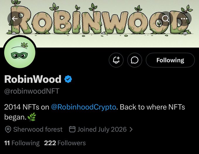 The image shows a Twitter/X profile for "RobinWood" (@robinwoodNFT) with a verified blue checkmark, featuring a cartoon green character wearing a leaf mask, with bio text reading "2014 NFTs on @RobinhoodCrypto. Back to where NFTs began," and noting 222 Followers and a "Sherwood forest" location. The profile's branding of early NFTs and its Robin Hood-themed character directly supports the post's announcement of an "Early NFT" release aiming to revisit the origins of NFTs.