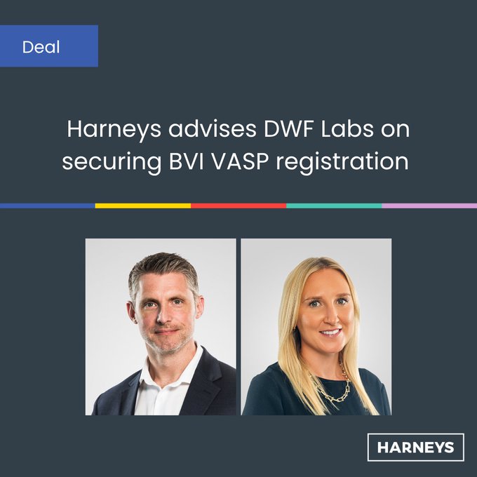 Harneys law firm announcement titled 'Harneys advises DWF Labs on securing BVI VASP registration' featuring professional headshots of two advisors.